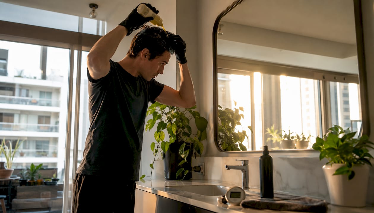 Person applying detox shampoo in bathroom