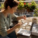 Woman assembling home hair drug test kit at table