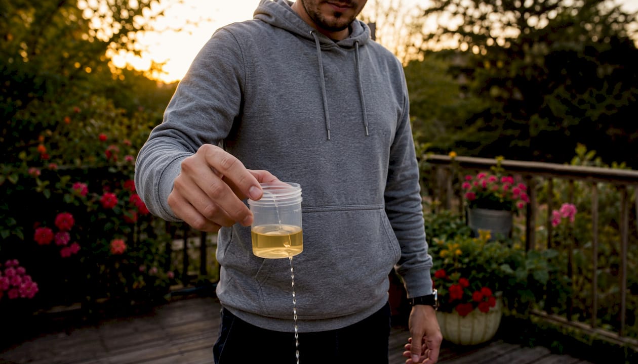Person collecting urine sample in bathroom