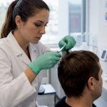 Lab technician collecting hair sample for testing