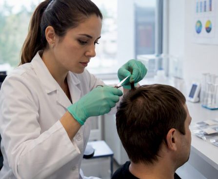 Lab technician collecting hair sample for testing
