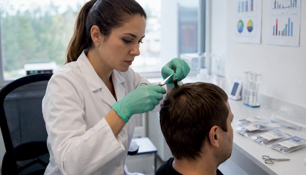 Lab technician collecting hair sample for testing
