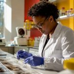 Technician preparing hair sample for drug analysis