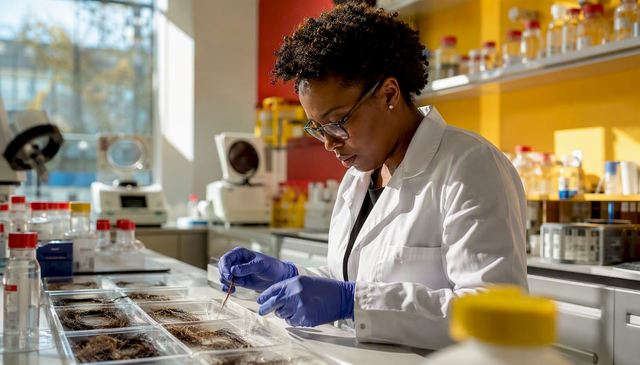 Technician preparing hair sample for drug analysis