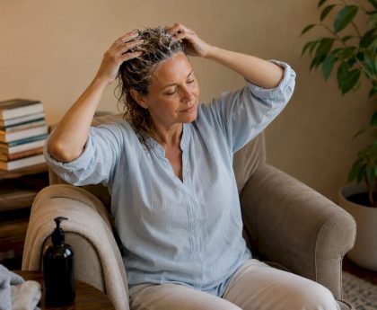 Woman applying detox shampoo to hair roots