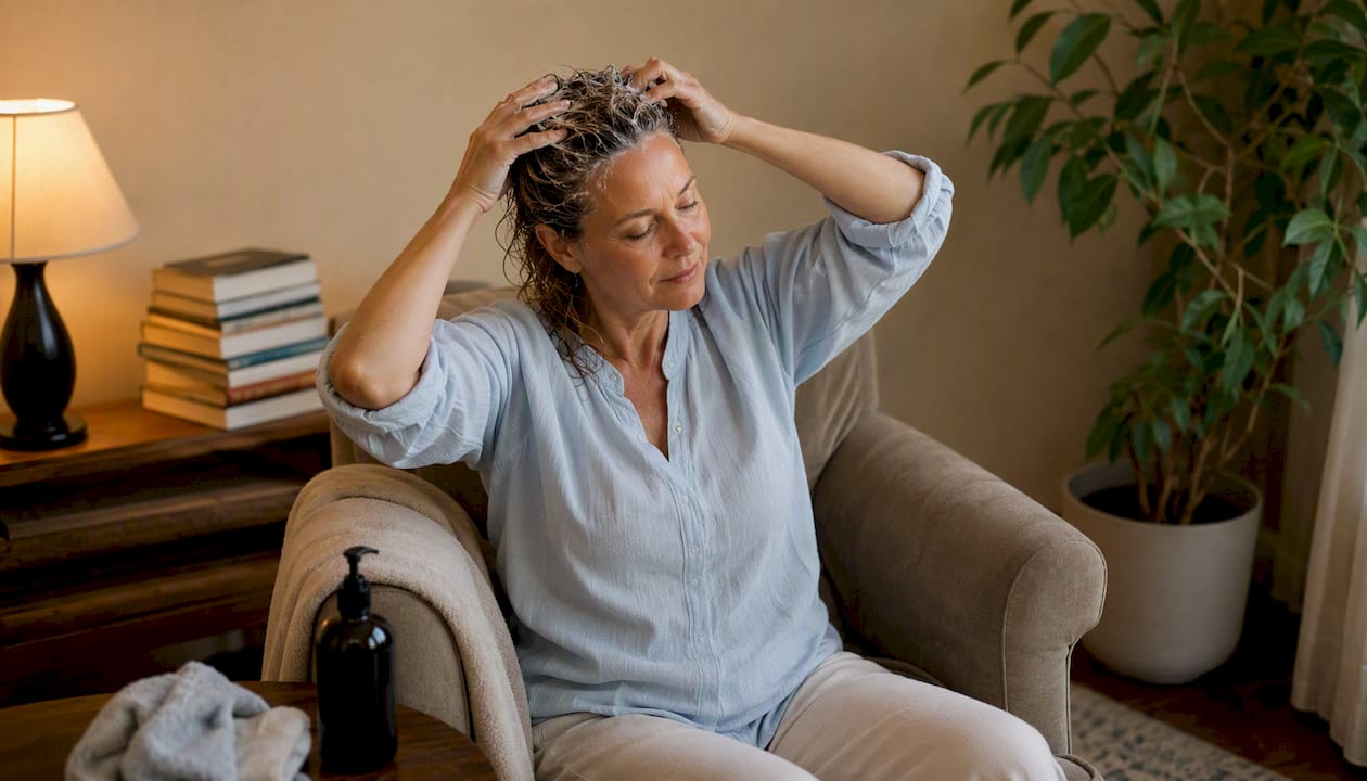 Woman applying detox shampoo to hair roots