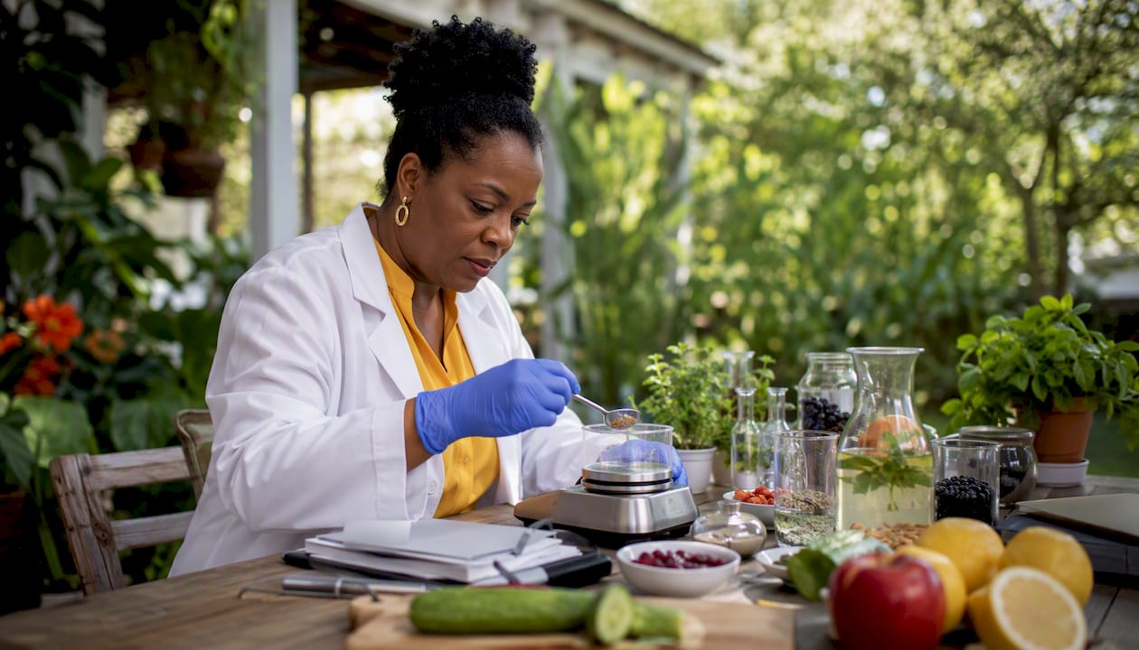 Scientist preparing detox drink formula in lab