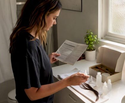 Person using hair drug test cleaning kit at kitchen table