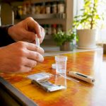 Hands preparing synthetic urine kit