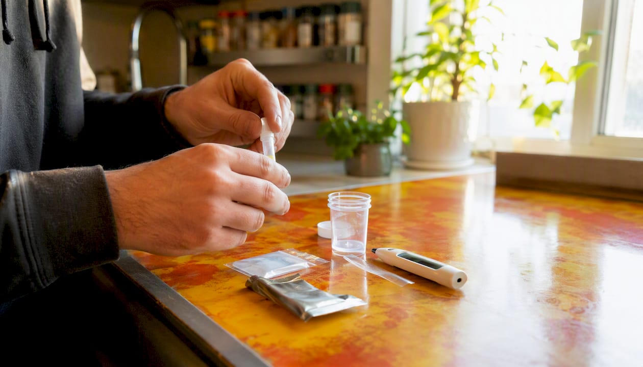Hands preparing synthetic urine kit