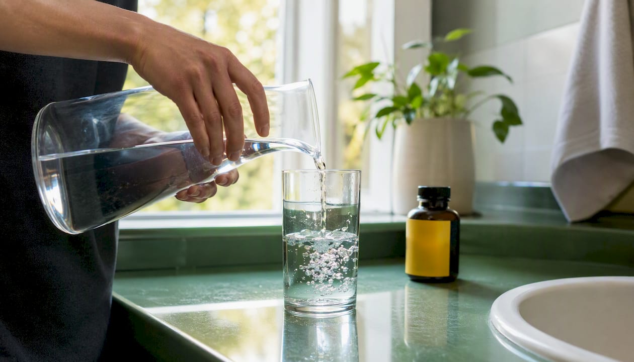 Hands pouring water for urine dilution