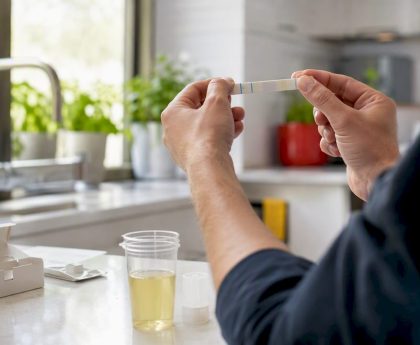 Hands preparing at-home urine drug test