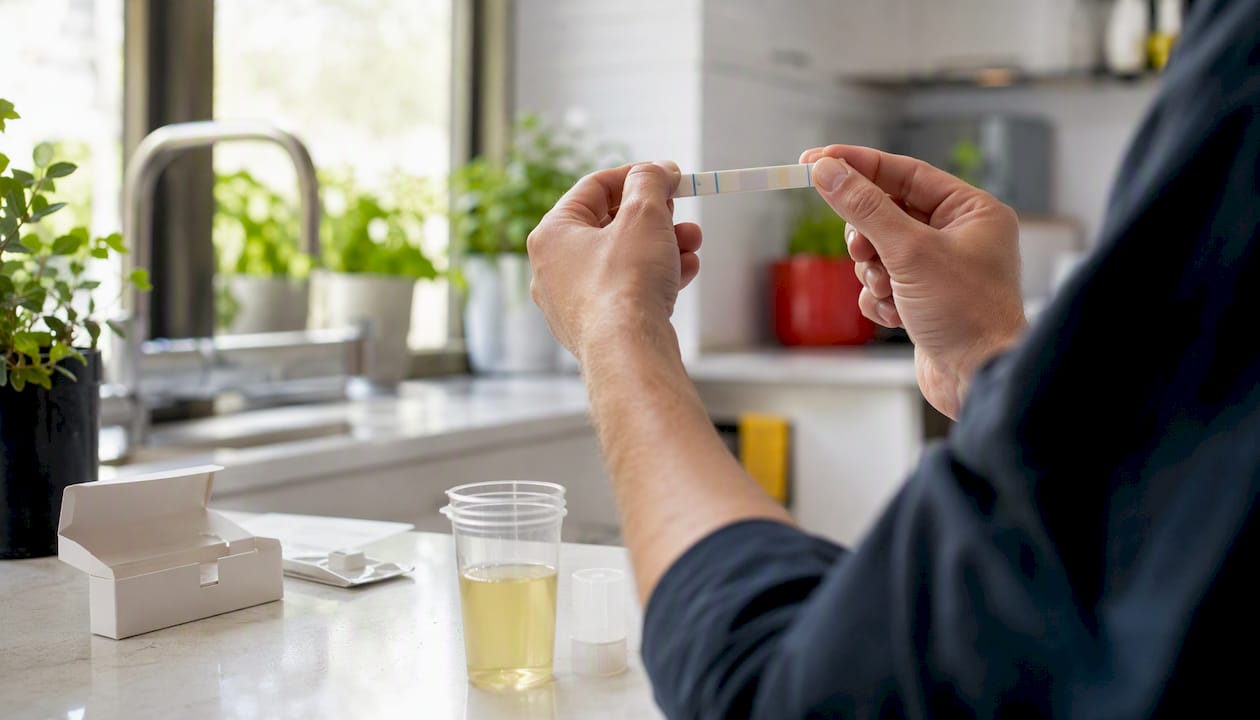 Hands preparing at-home urine drug test