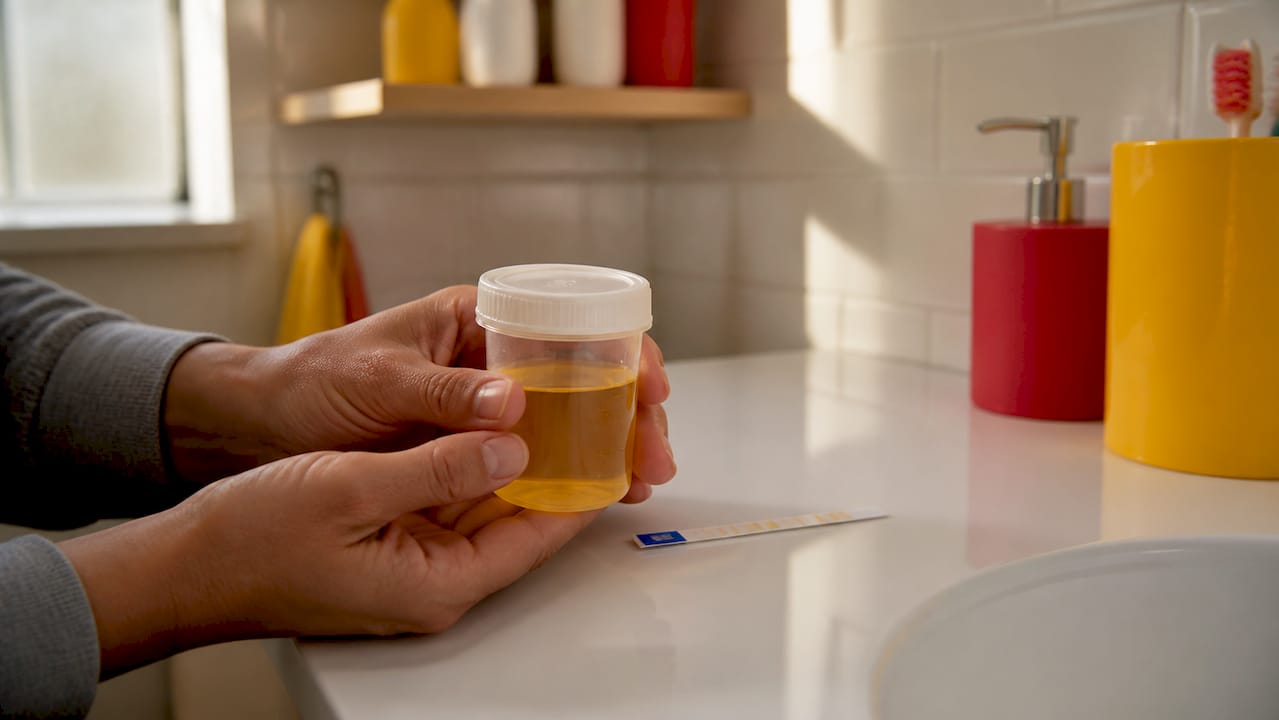 Hands holding urine sample with temperature strip