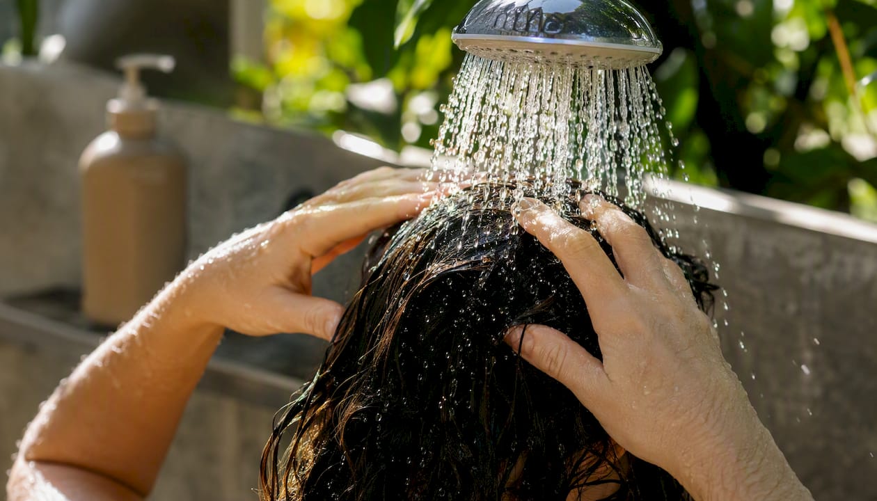 Hands rinsing hair over bathroom sink