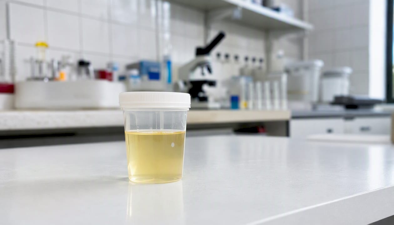 Urine sample cup in lab setting