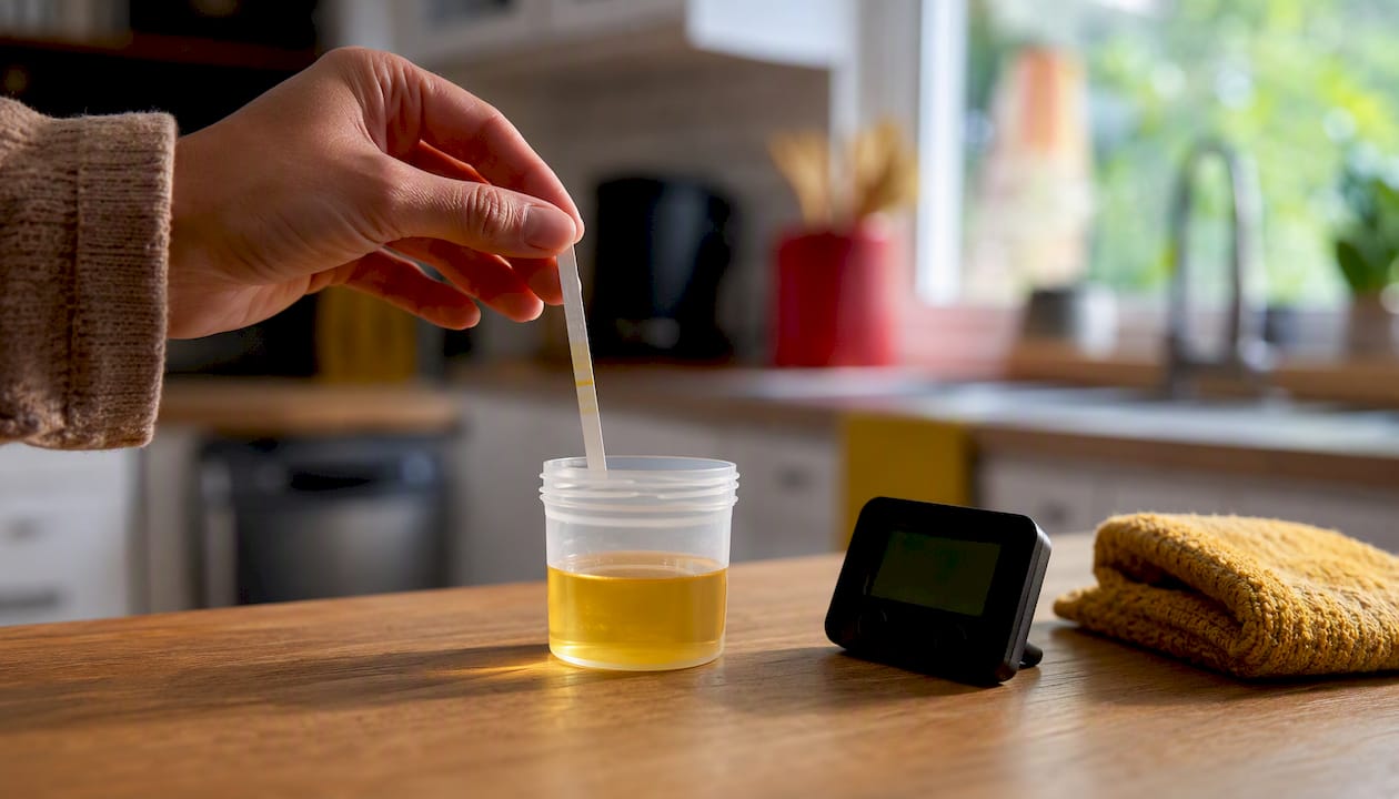 Hand holding urine drug test strip