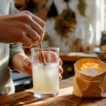 Hands stirring fruit pectin drink in kitchen