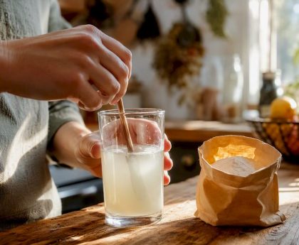 Hands stirring fruit pectin drink in kitchen
