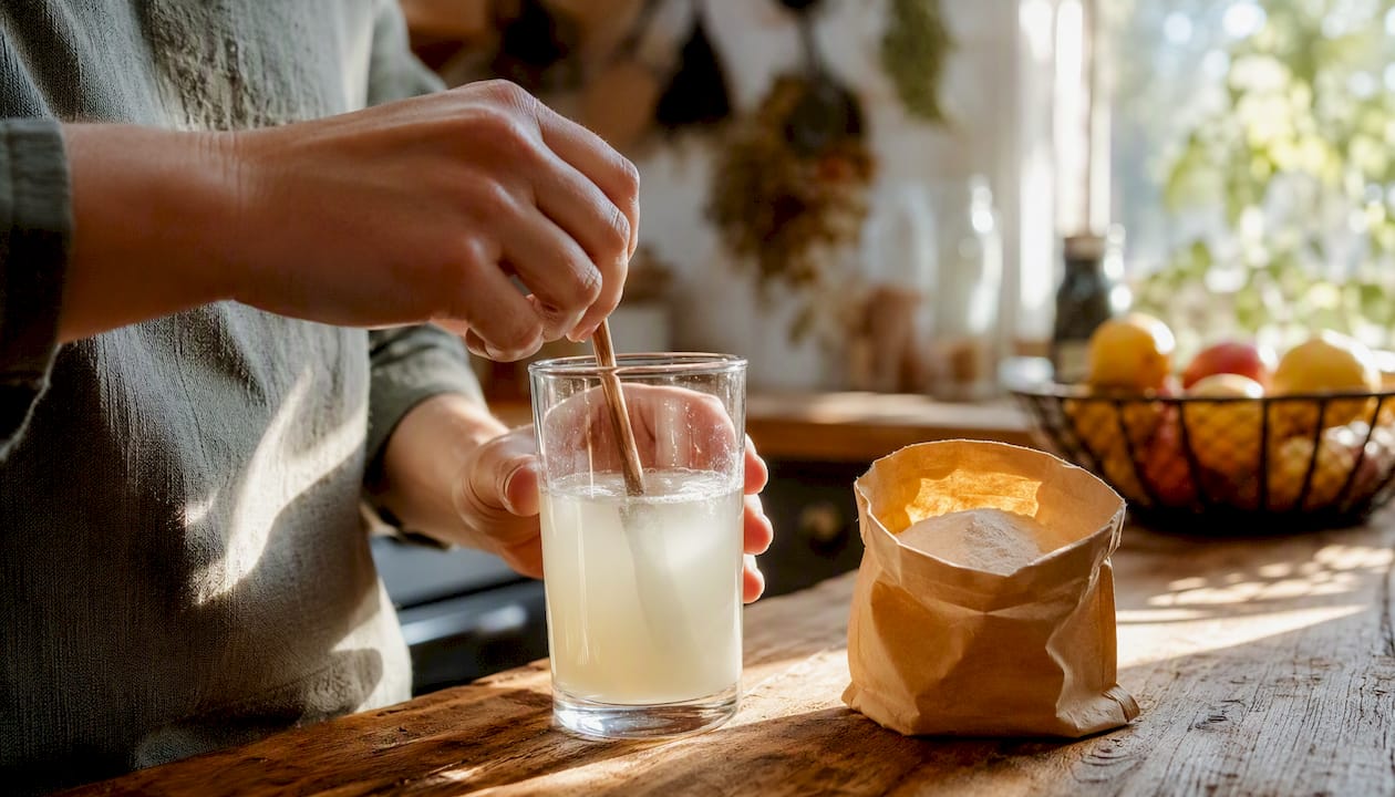Hands stirring fruit pectin drink in kitchen