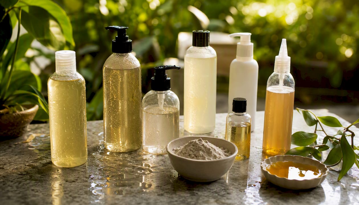 Unbranded hair care products on bathroom counter