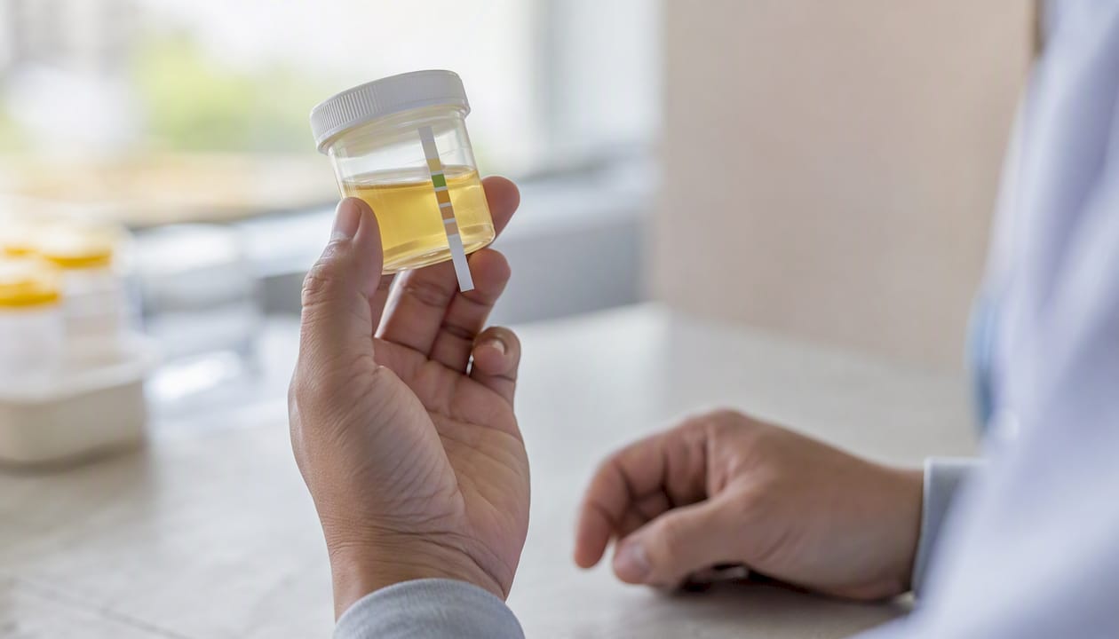 Hand measuring urine temperature with strip