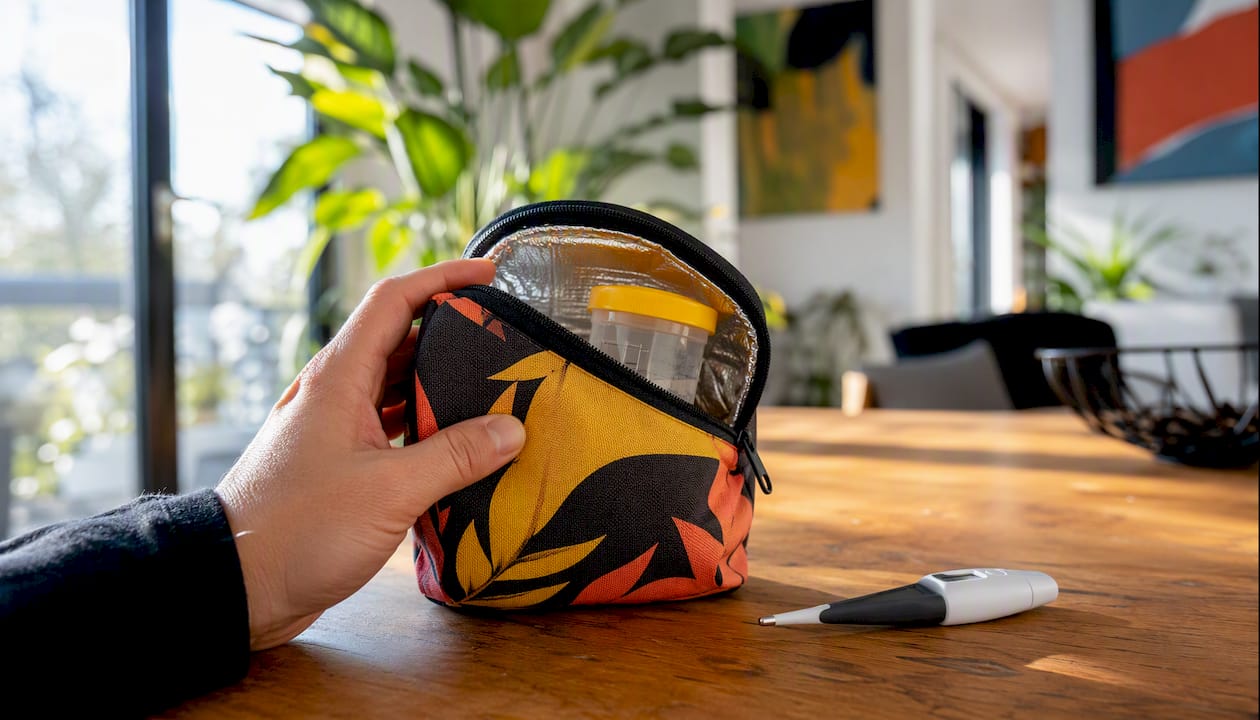 Hand holding insulated pouch with urine cup