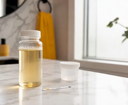 Synthetic urine kit bottle and thermometer strip