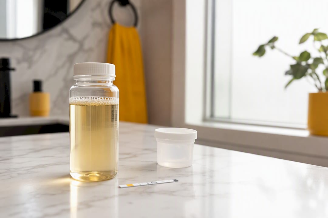 Synthetic urine kit bottle and thermometer strip