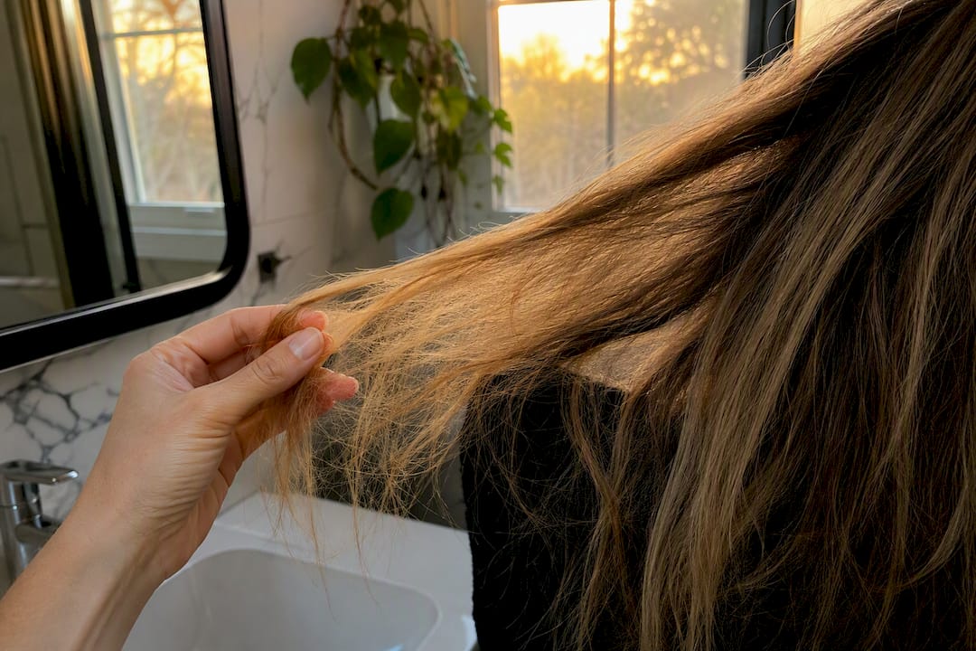 Close-up of patchy, damaged hair strands