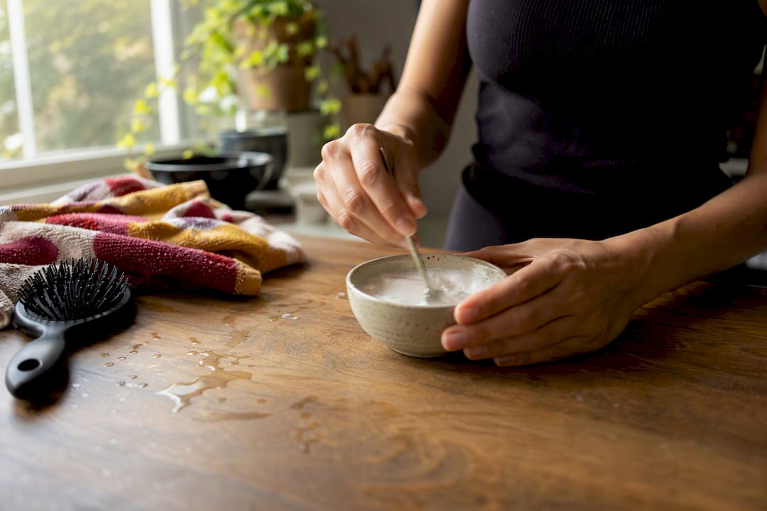 Hands mixing baking soda hair treatment paste