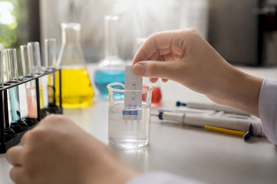 Close-up of drug test dip card in lab