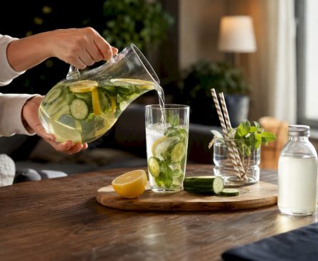 Hands mixing detox drink in kitchen