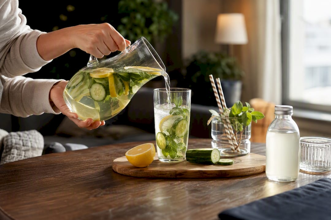 Hands mixing detox drink in kitchen