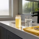 Synthetic urine bottle on lab prep counter