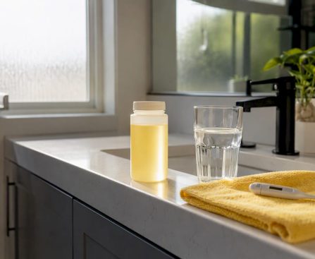 Synthetic urine bottle on lab prep counter