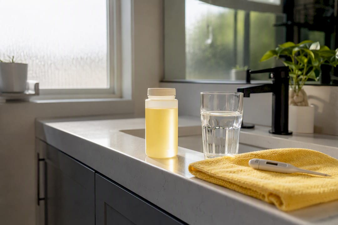 Synthetic urine bottle on lab prep counter