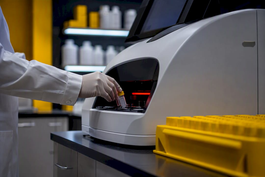 Laboratory technician preparing urine THC test