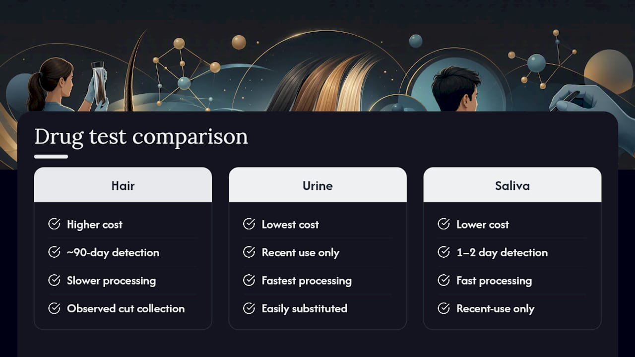 Comparison of hair urine and saliva tests