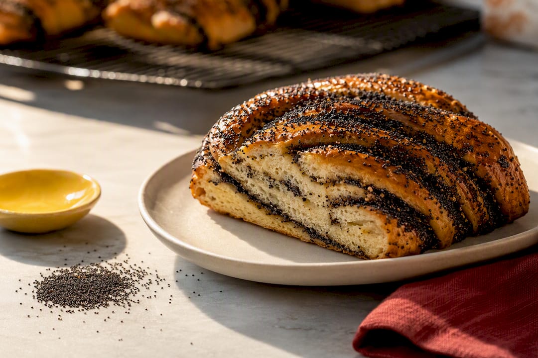 Poppy seeds beside a baked pastry