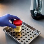 Urine specimen prepared for laboratory analysis