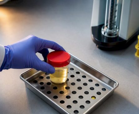 Urine specimen prepared for laboratory analysis