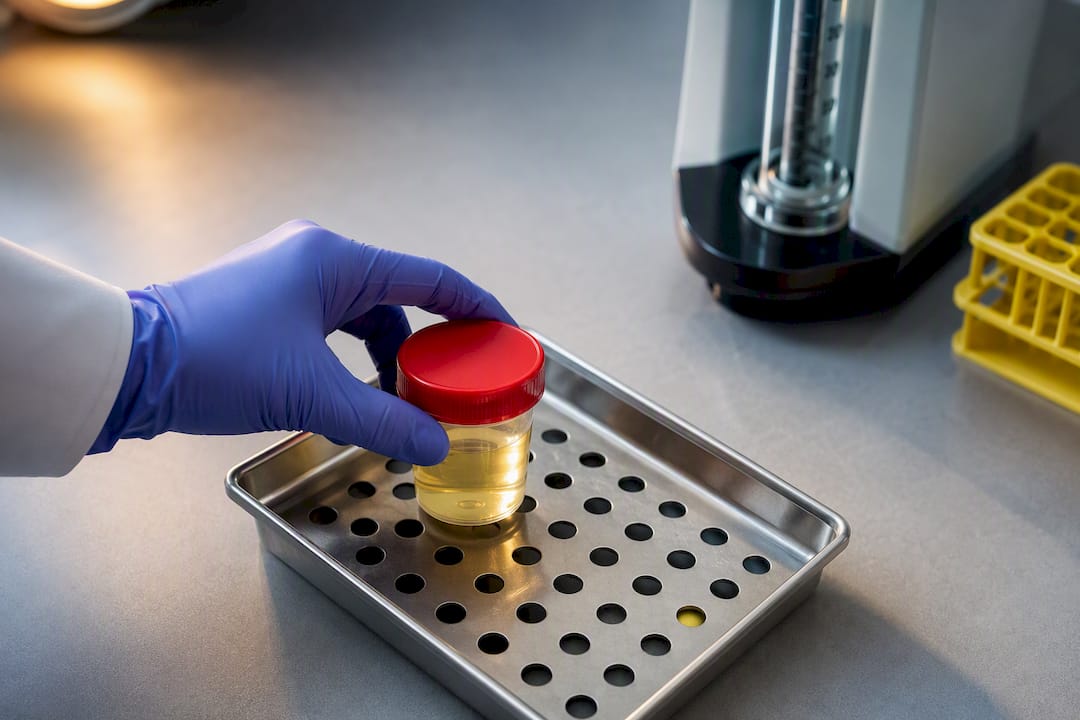 Urine specimen prepared for laboratory analysis