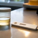 Anonymous home drug test strip beside sample cup