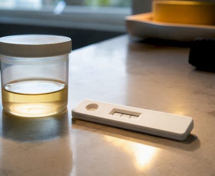 Anonymous home drug test strip beside sample cup