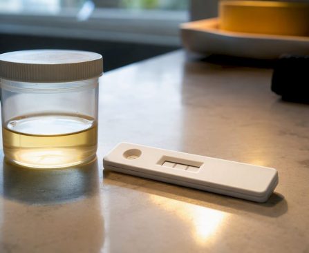 Anonymous home drug test strip beside sample cup