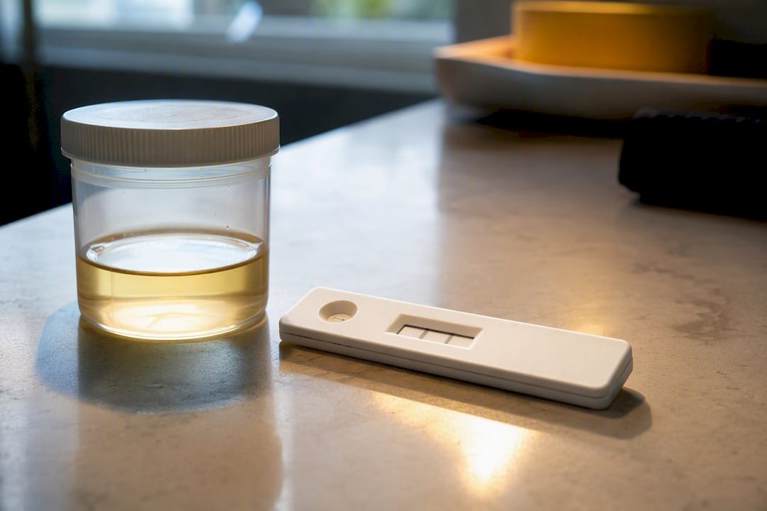 Anonymous home drug test strip beside sample cup