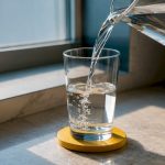 Glass of water beside anonymous drug test cup