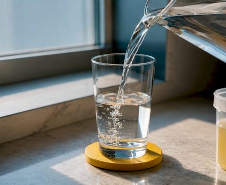 Glass of water beside anonymous drug test cup
