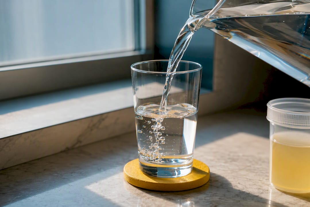 Glass of water beside anonymous drug test cup
